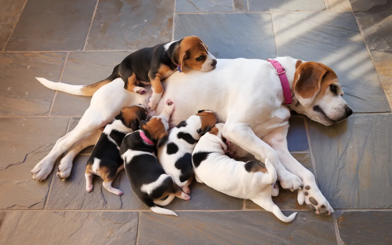 Głucha suczka ważąca 45 kg została opiekunką 7 szczeniąt, których matka jest lękliwa
